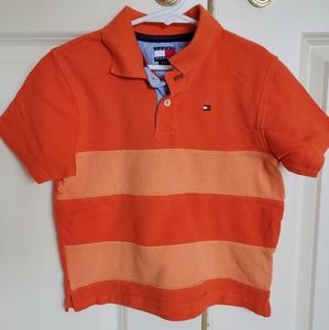 TOMMY HILFIGER Boys Pique Polo Shirt 4/4T Orange Striped Dress Top Toddler Logo